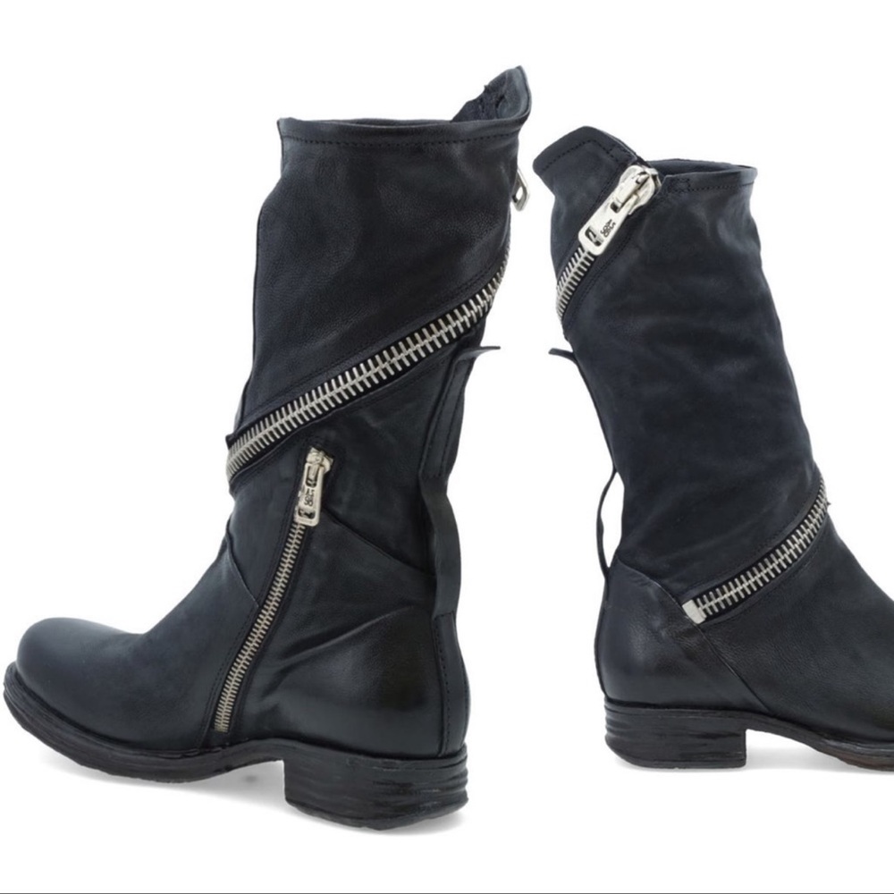 A.S.98 Black Leather Mid-Calf Moto Boots with Silver Zippers - Picture 2 of 16